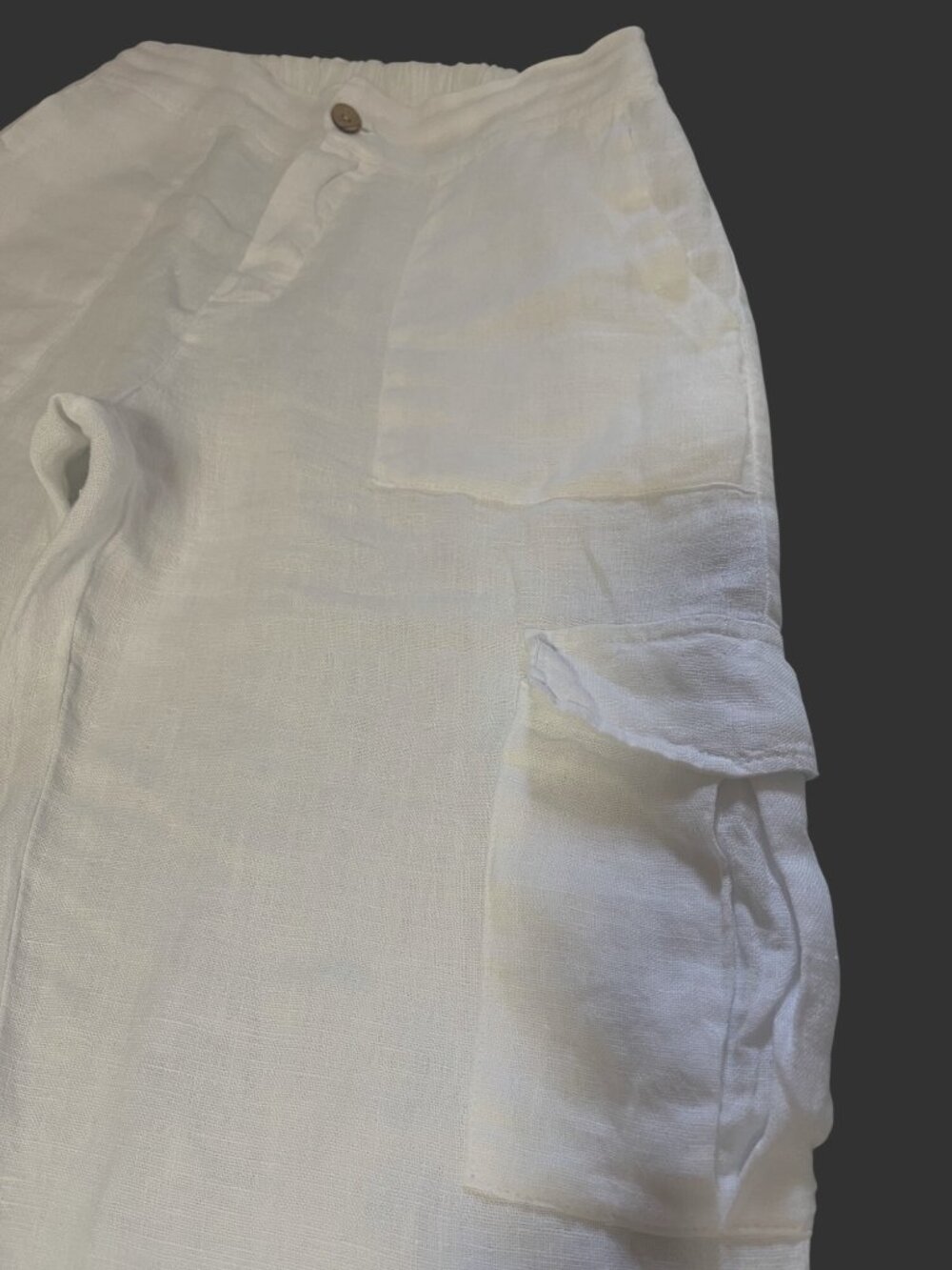 White Cargo Linen Pants With Pockets Elastic Waist Stretch Size L - Picture 4 of 6